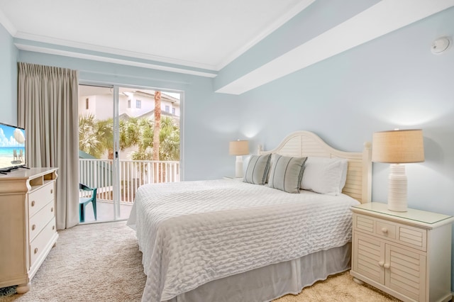 bedroom featuring light colored carpet, crown molding, and access to outside