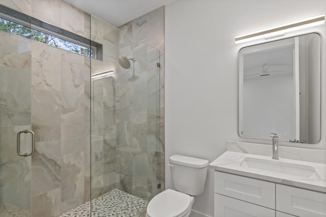 bathroom with vanity, toilet, and a stall shower