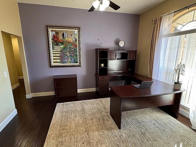 home office featuring dark wood finished floors, plenty of natural light, and baseboards