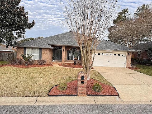 ranch-style house with concrete driveway, a front yard, a shingled roof, a garage, and brick siding