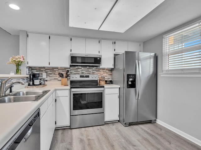 kitchen with a sink, stainless steel appliances, decorative backsplash, and white cabinetry