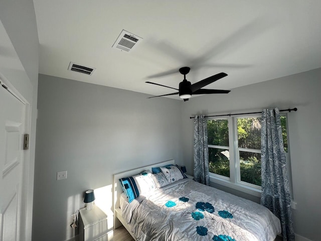 bedroom with a ceiling fan and visible vents