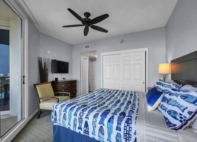 bedroom with a ceiling fan, visible vents, and a closet