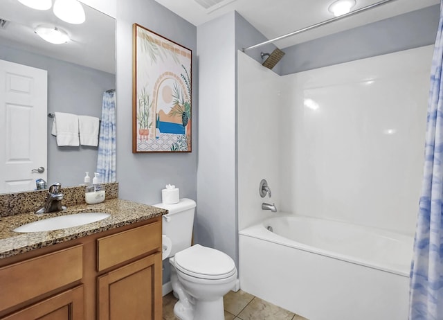 bathroom featuring vanity, visible vents, shower / bath combination with curtain, tile patterned floors, and toilet