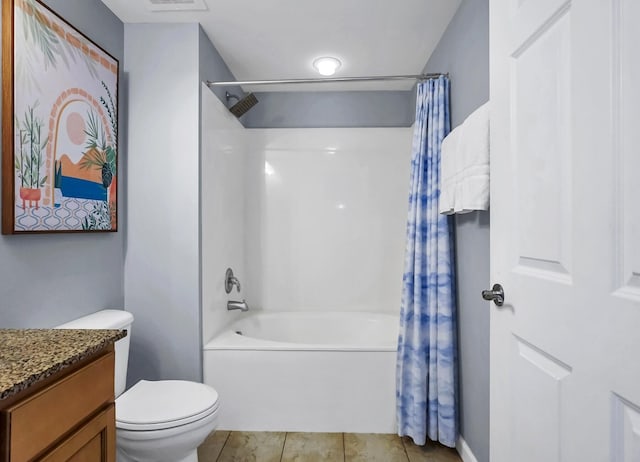 bathroom with tile patterned flooring, visible vents, toilet, vanity, and shower / bathtub combination with curtain