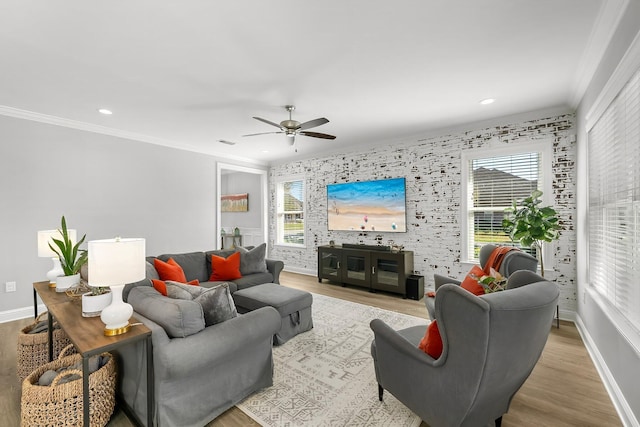 living area featuring crown molding, light wood finished floors, and a ceiling fan