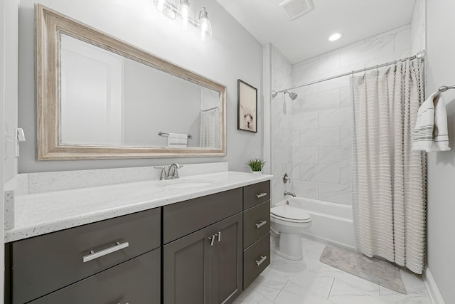 full bathroom featuring vanity, shower / bath combination with curtain, toilet, marble finish floor, and visible vents