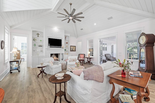 living area featuring built in features, light wood-style flooring, wooden ceiling, and lofted ceiling with beams