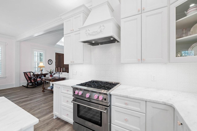 kitchen with wood finished floors, custom range hood, high end stainless steel range, white cabinetry, and tasteful backsplash