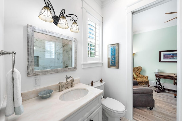 bathroom featuring vanity, wood finished floors, a shower stall, toilet, and connected bathroom