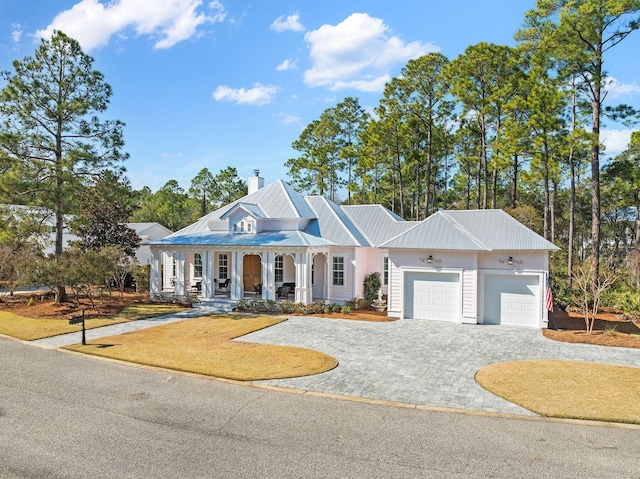 view of front of house with a front yard, covered porch, a garage, decorative driveway, and metal roof