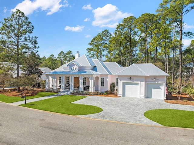 359 Wood Beach Dr, Santa Rosa Beach, FL 32459 - view of front facade featuring decorative driveway, a front lawn, a porch, a garage, and metal roof