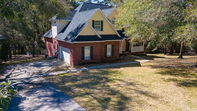 view of front of house featuring a front yard, brick siding, and driveway