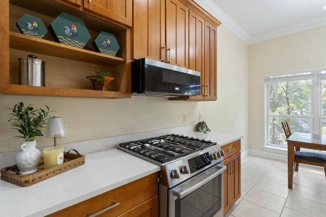 kitchen featuring open shelves, appliances with stainless steel finishes, ornamental molding, and brown cabinetry