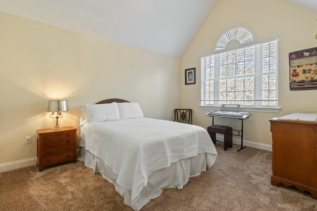 bedroom featuring lofted ceiling, carpet, and baseboards