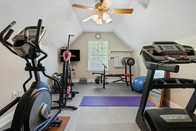 workout room featuring ceiling fan, baseboards, and lofted ceiling