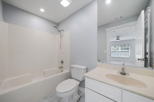 full bathroom featuring visible vents, toilet, shower / tub combination, marble finish floor, and vanity