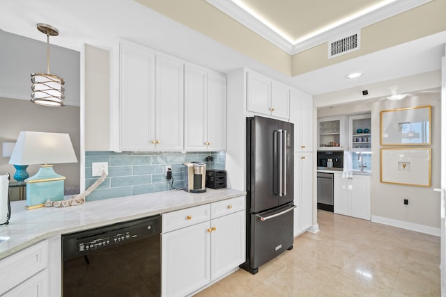 kitchen with visible vents, white cabinetry, black appliances, and crown molding