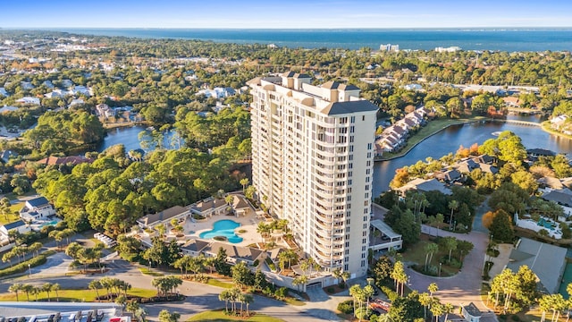 birds eye view of property with a water view