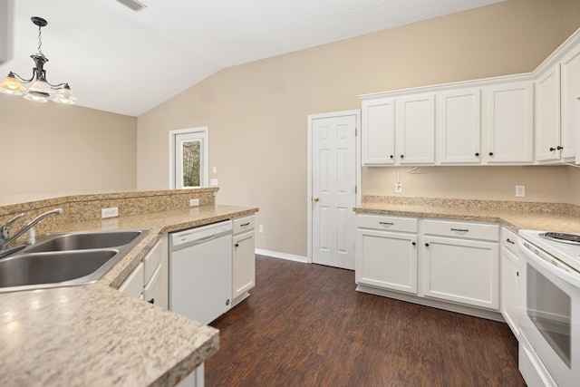 kitchen featuring white appliances, lofted ceiling, a sink, light countertops, and dark wood-type flooring