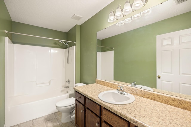 full bathroom featuring vanity, shower / bathing tub combination, toilet, and visible vents