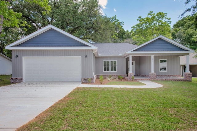 single story home with a garage, concrete driveway, a front yard, and a shingled roof