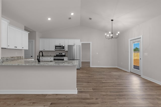 kitchen with white cabinetry, a peninsula, stainless steel appliances, and wood finished floors