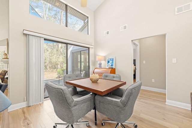 dining area featuring light wood-style floors and visible vents