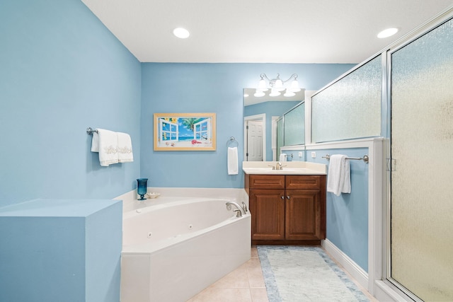 bathroom with tile patterned flooring, a whirlpool tub, recessed lighting, a stall shower, and vanity