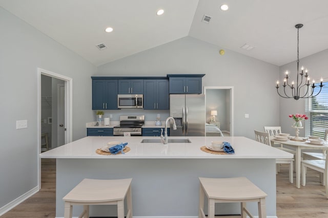 kitchen featuring a sink, blue cabinetry, a kitchen breakfast bar, stainless steel appliances, and light wood finished floors