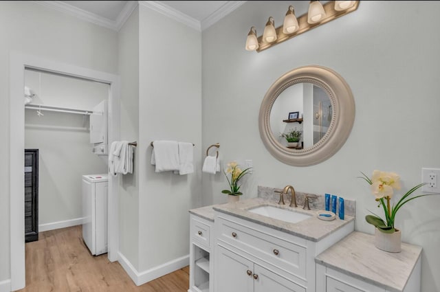 full bathroom with baseboards, vanity, wood finished floors, and crown molding