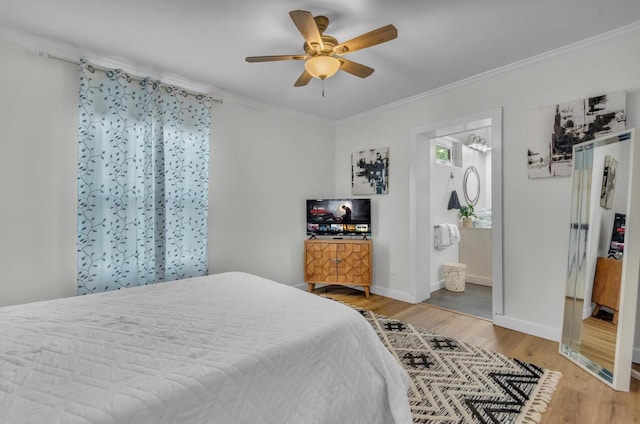 bedroom featuring ceiling fan, wood finished floors, baseboards, and ornamental molding