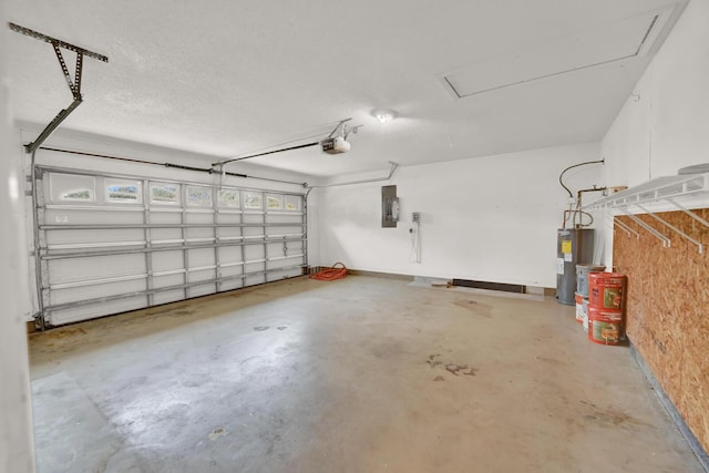 garage with electric panel, electric water heater, and a garage door opener