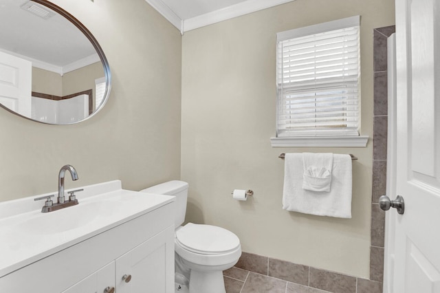 bathroom with vanity, visible vents, tile patterned flooring, crown molding, and toilet