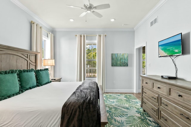 bedroom with visible vents, baseboards, ornamental molding, recessed lighting, and access to outside