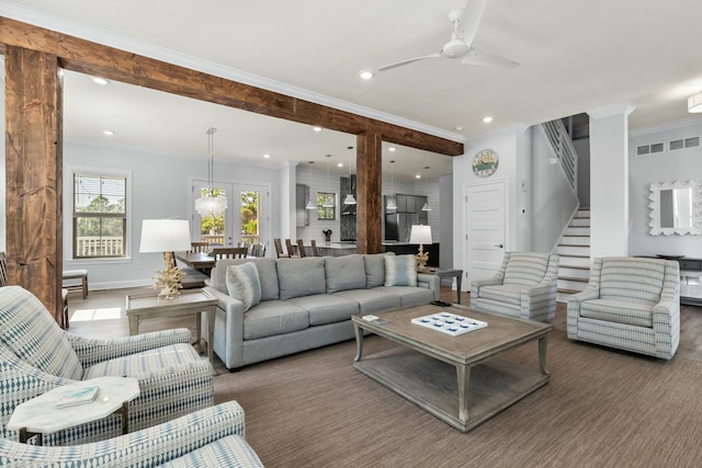 living room featuring ornamental molding, recessed lighting, stairway, baseboards, and ceiling fan