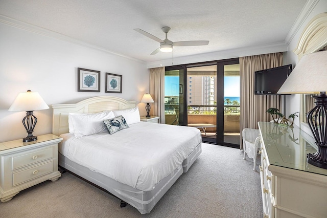 bedroom with light carpet, ornamental molding, a ceiling fan, and access to outside