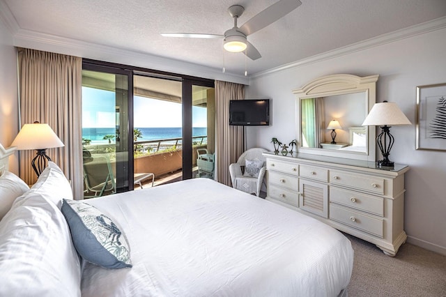 bedroom with light carpet, a textured ceiling, crown molding, and access to outside