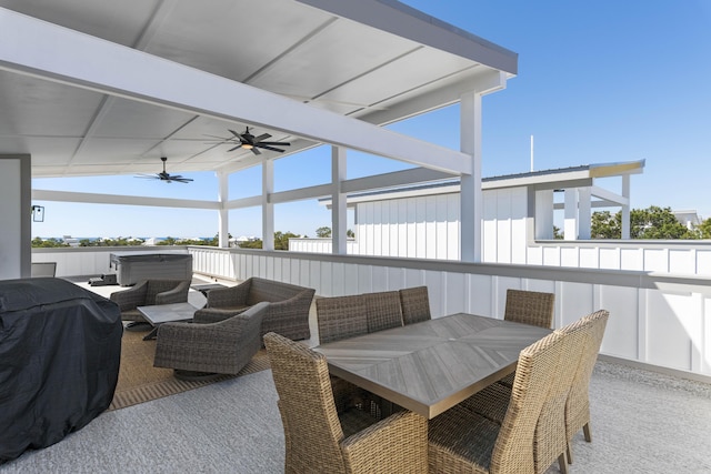 view of patio featuring grilling area, an outdoor hangout area, outdoor dining space, and a ceiling fan