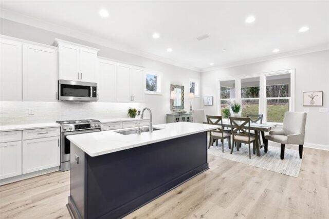 kitchen featuring light wood-style flooring, a sink, stainless steel appliances, crown molding, and decorative backsplash