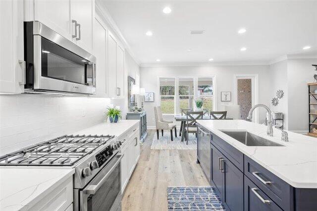 kitchen with white cabinetry, stainless steel appliances, crown molding, and a sink