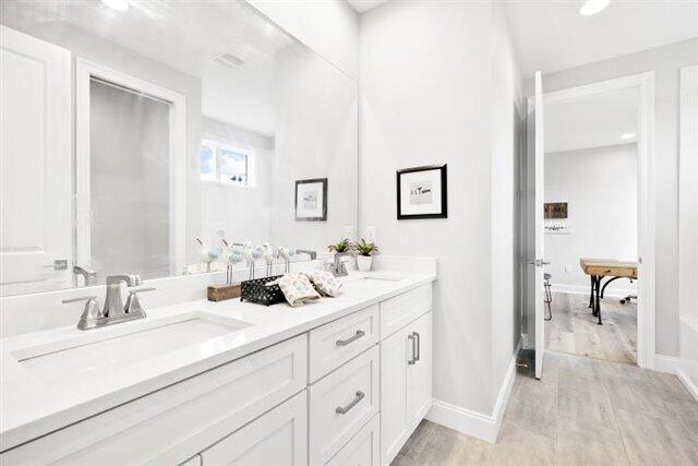 bathroom featuring a sink, baseboards, wood finished floors, and double vanity