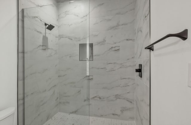 bathroom featuring toilet and a marble finish shower