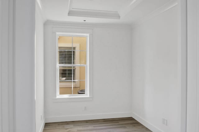 empty room with a raised ceiling, plenty of natural light, wood finished floors, and ornamental molding