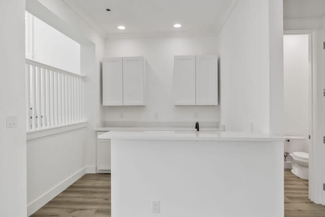 kitchen featuring light countertops, light wood-style flooring, and ornamental molding