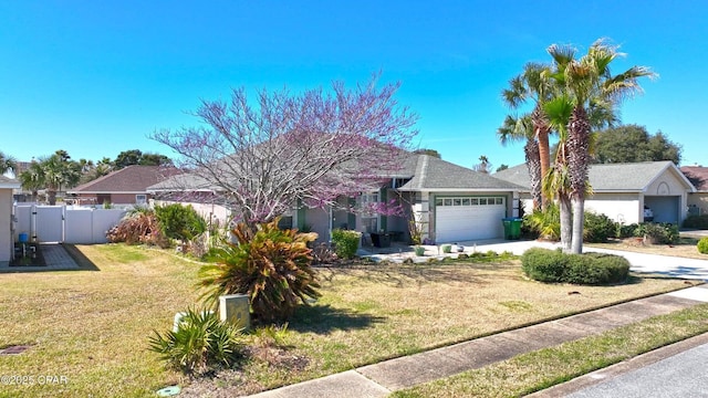 ranch-style house with fence, concrete driveway, a front yard, an attached garage, and a gate