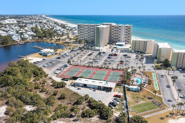 birds eye view of property featuring a water view