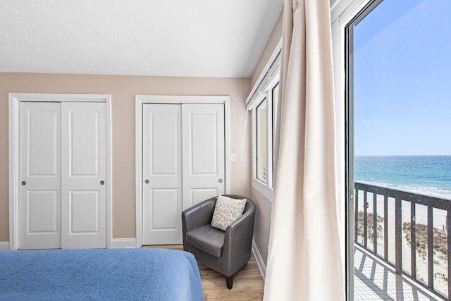 bedroom with multiple windows, two closets, and a water view