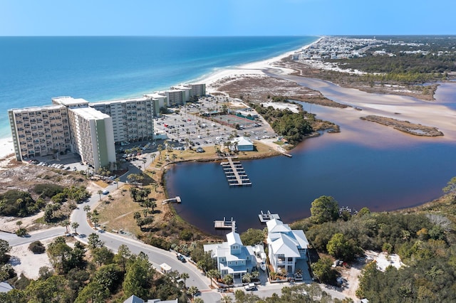 aerial view featuring a beach view and a water view