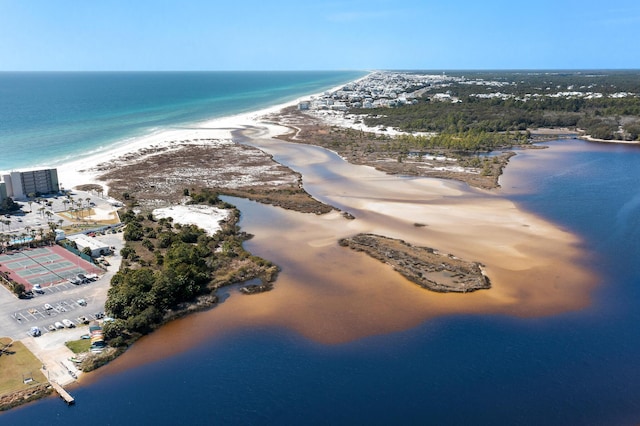 drone / aerial view featuring a view of the beach and a water view